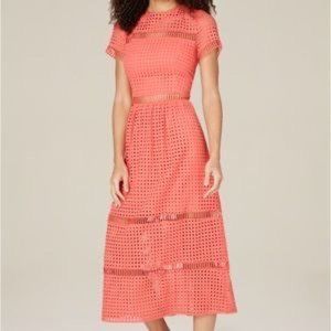 Bebe Jenna Embroidery Cutout Eyelet Lace Midi Dress Coral, Short Sleeve, Size 4